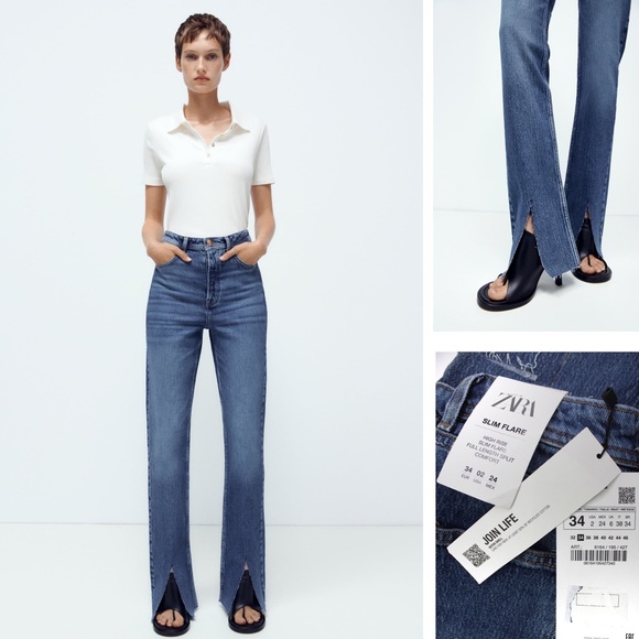 Zara NWT Slim Fit High Rise Split Hem Flare Jeans 2 26 - Picture 1 of 12
